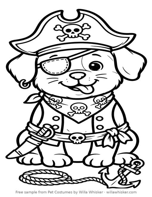 Coloring page line art of a dog dressed as a pirate with a hat, eye patch and bandana