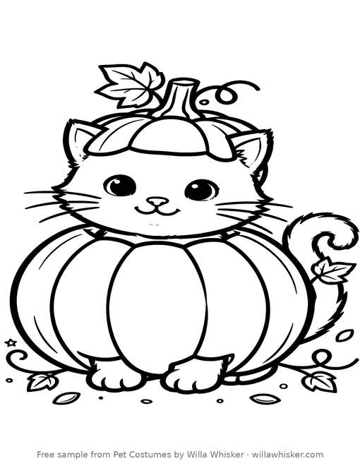 Coloring page line art of a cat dressed in a round pumpkin costume