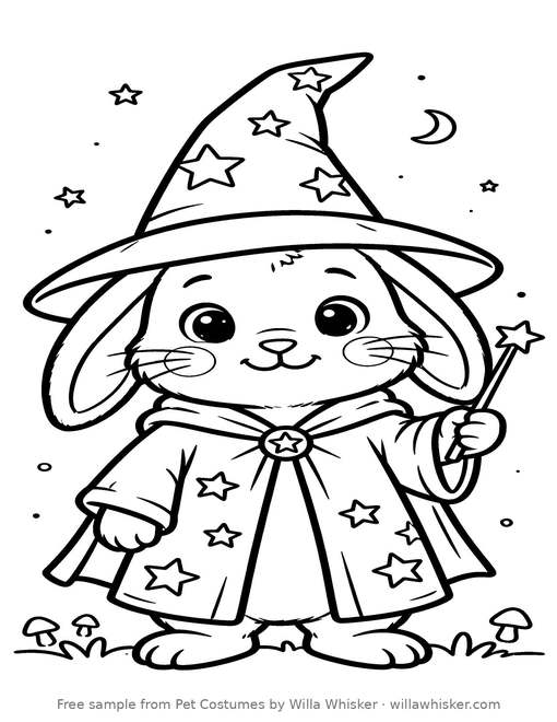 Coloring page line art of a bunny dressed as a wizard with a starry hat holding a magic wand