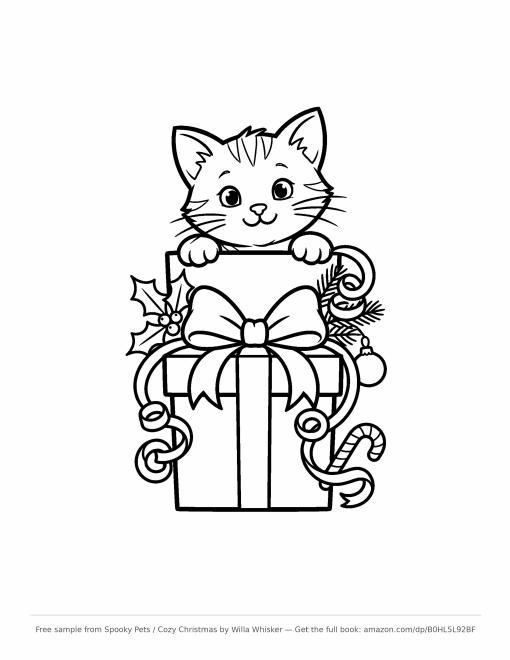 Coloring page line art of a kitten peeking out of a Christmas gift box with a big bow, candy cane and holly sprigs