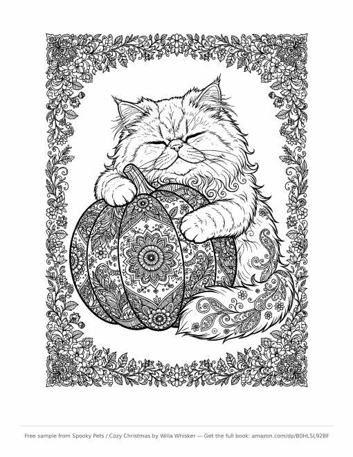 Coloring page line art of a fluffy long-haired cat hugging an ornate mandala-patterned pumpkin, surrounded by a floral border