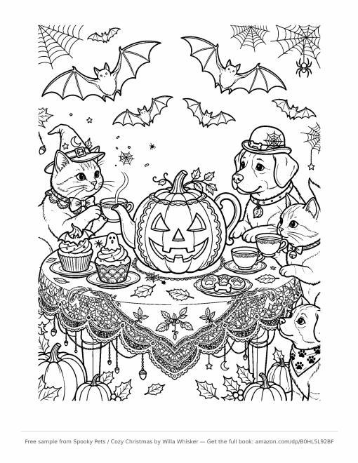 Coloring page line art of a Halloween tea party: a cat in a witch hat, dogs, a jack-o-lantern teapot, cupcakes and bats overhead