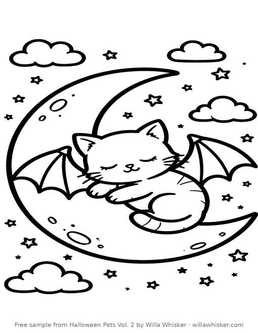 Coloring page line art of a cat with bat wings curled up asleep on a crescent moon with clouds and stars