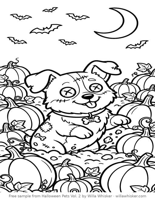 Coloring page line art of a happy puppy sitting among pumpkins under a crescent moon with bats