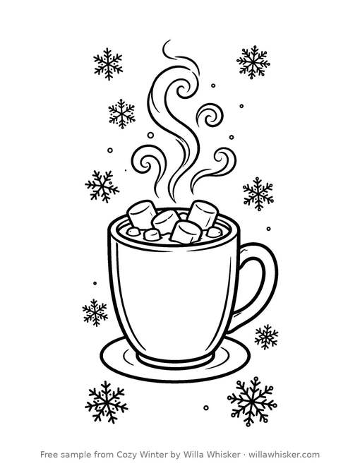 Coloring page line art of a steaming mug of hot cocoa with marshmallows surrounded by snowflakes