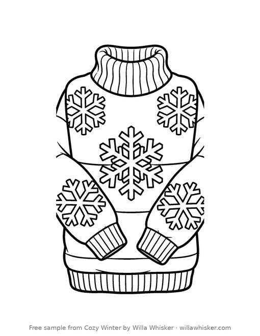 Coloring page line art of a chunky knit sweater decorated with snowflake patterns